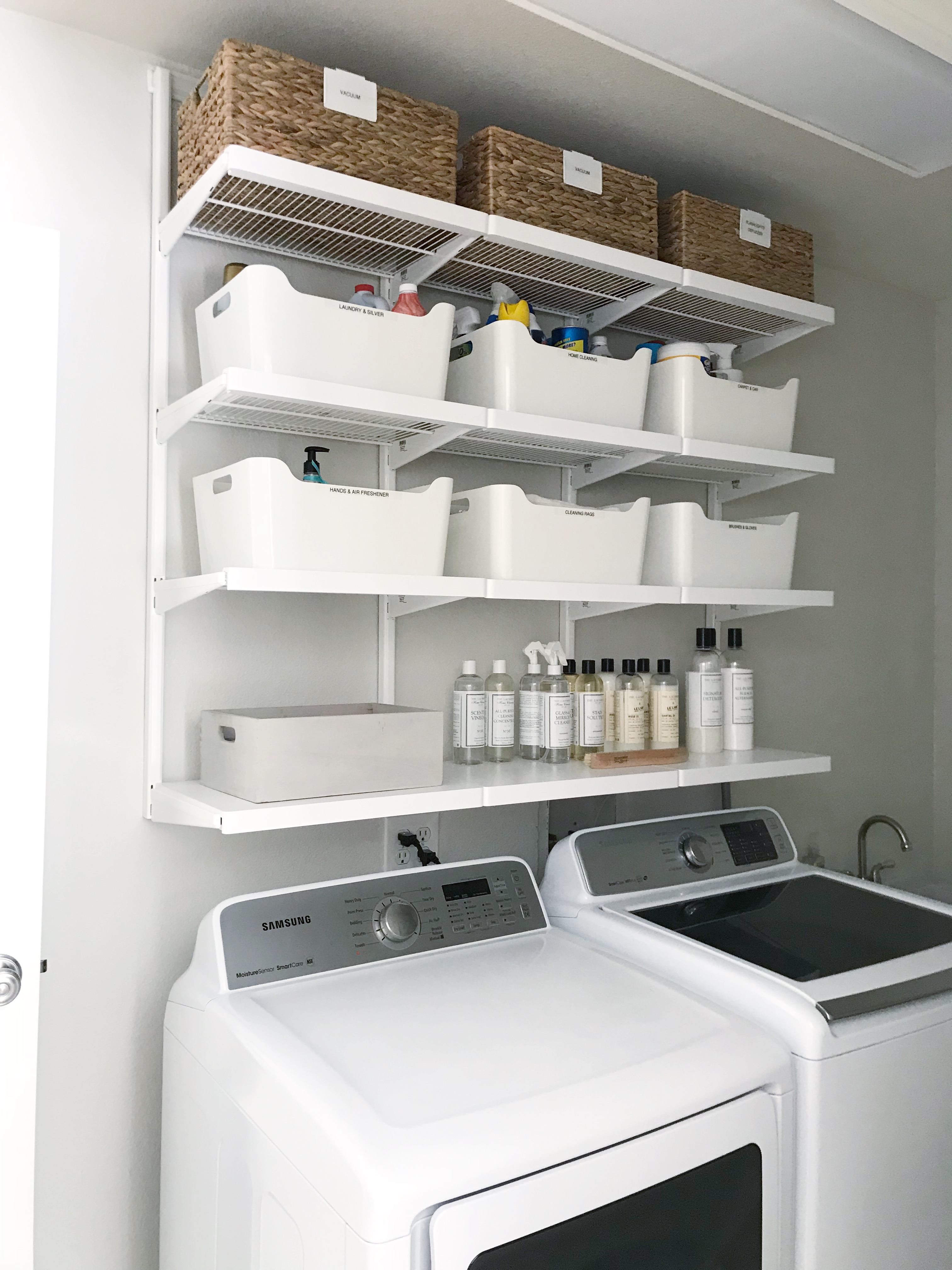Expandable Laundry Room Shelves With Closet Rod, 64 120 White Wire Wall ...