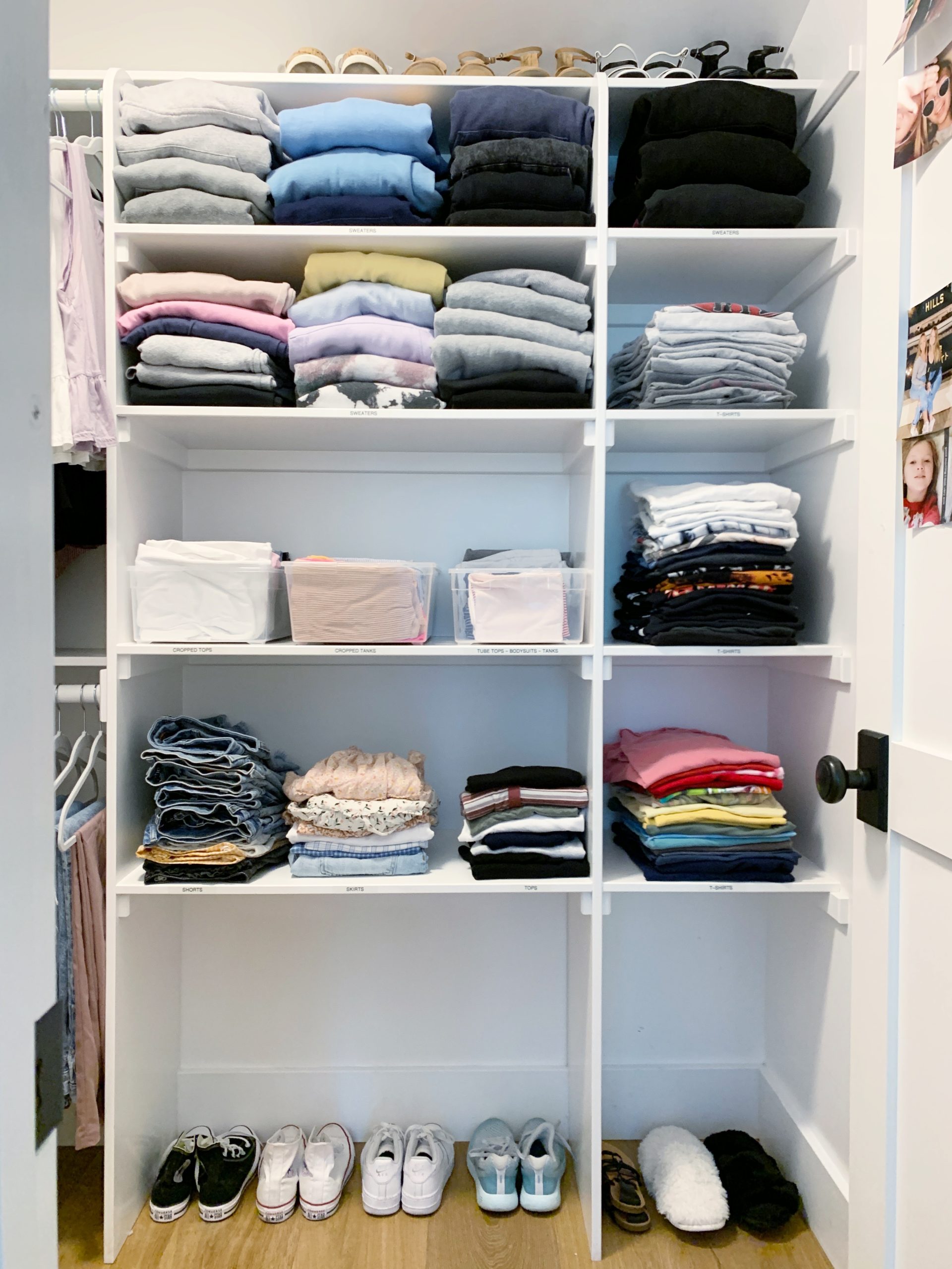 How to organize a teen closet. Professional organizer, Samantha Pregenzer, added a drawer set and space planned this small walk-in closet for total efficiency!